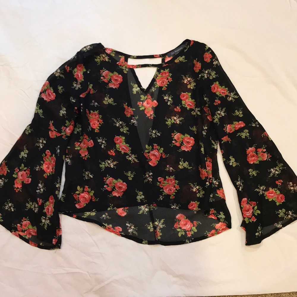 Chic Happens floral sheer deep v back shirt